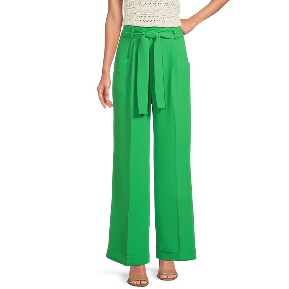 Tara Jarmon Vert Woven Crepe Pyla Tie Waist Pleated Front Cuffed Wide Leg Pant